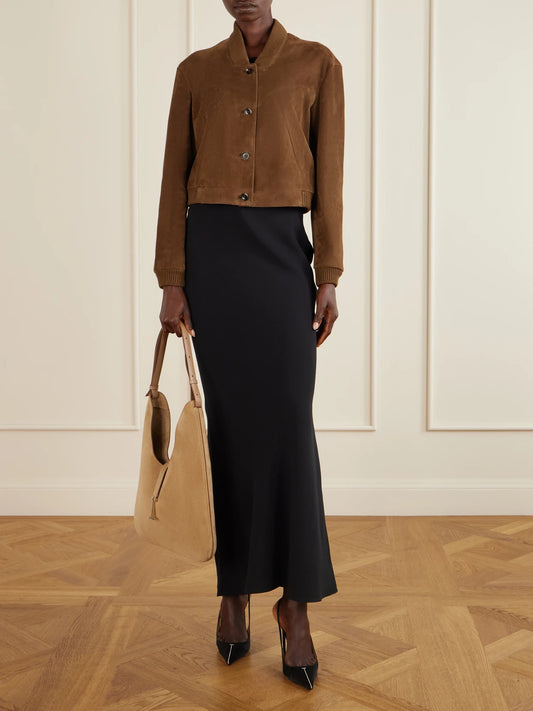 Image of Coats & Jackets. Product name - Cropped Suede Bomber Jacket in Tan colour by brand - TOM FORD