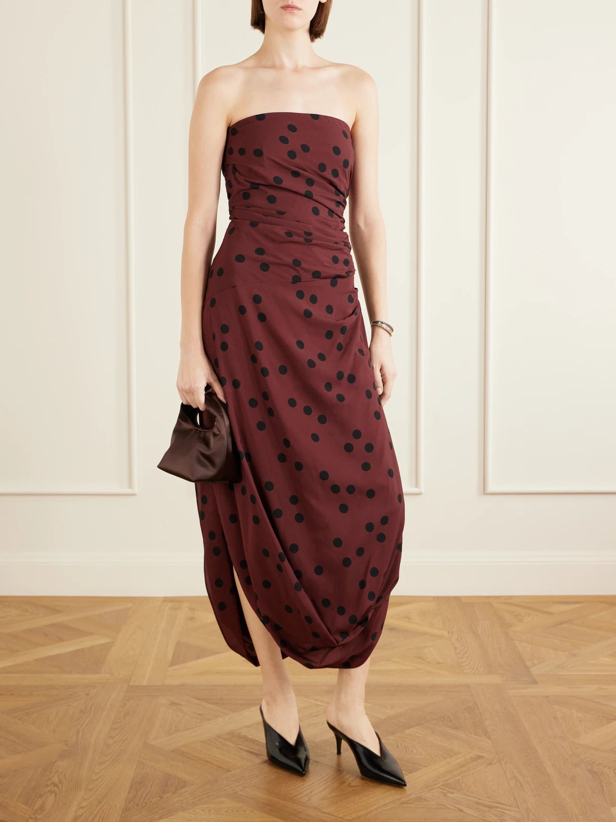 Image of Dresses. Product name - Nayara Strapless Gathered Polka-dot Crepe Midi Dress in Brown colour by brand - Proenza Schouler