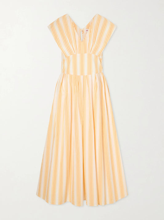 Image of Dresses. Product name - In Full Bloom Gathered Striped Cotton-taffeta Midi Dress in Orange colour by brand - Rosie Assoulin