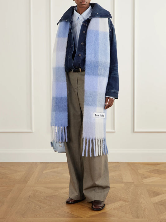 Image of Scarves & Shawls. Product name - Fringed Checked Brushed-knit Scarf in Light blue colour by brand - Acne Studios