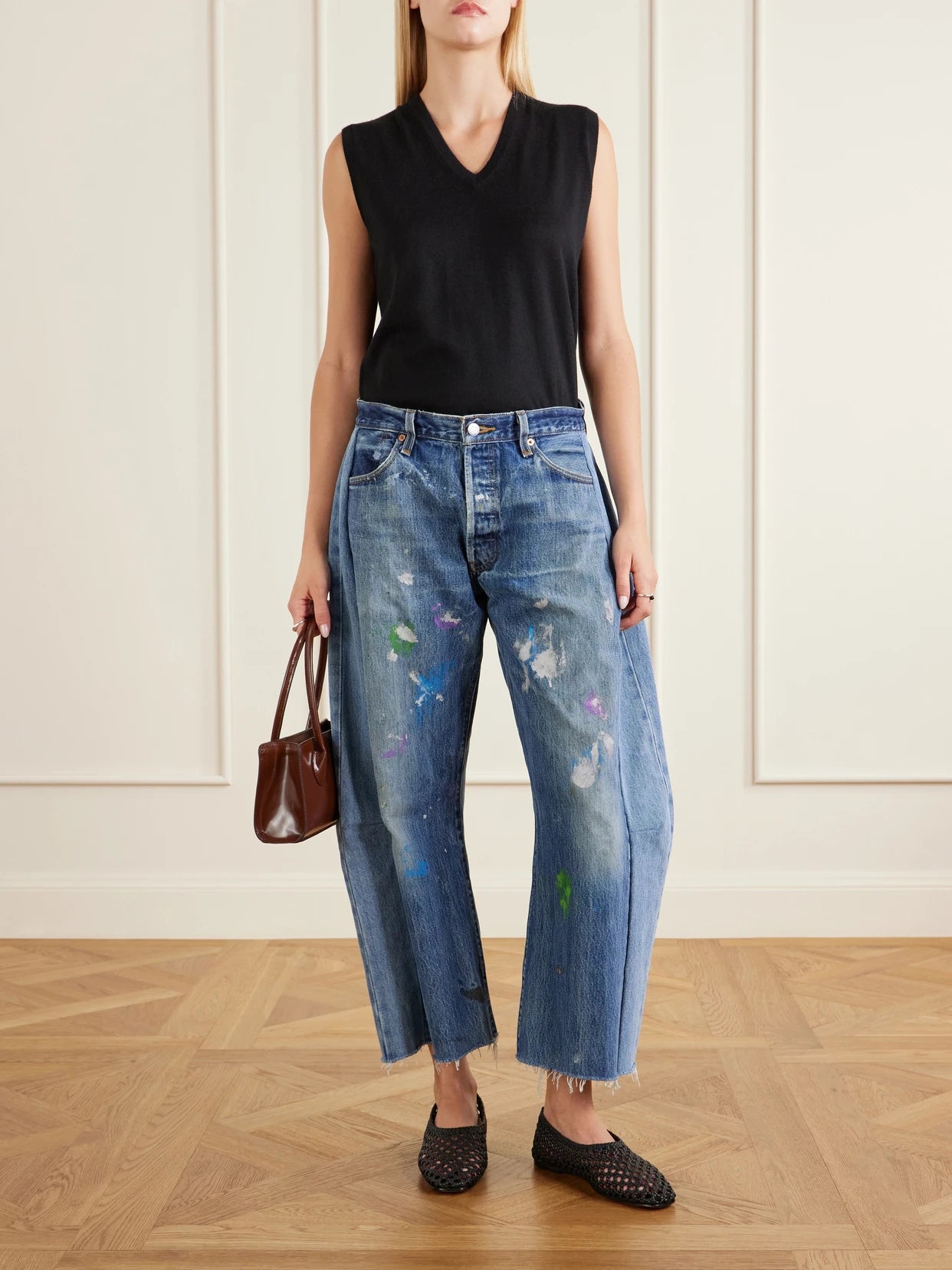 Image of Jeans. Product name - Vintage Lasso Distressed Frayed Paneled Paint-splatter Wide-leg Jeans in Mid denim colour by brand - B SIDES