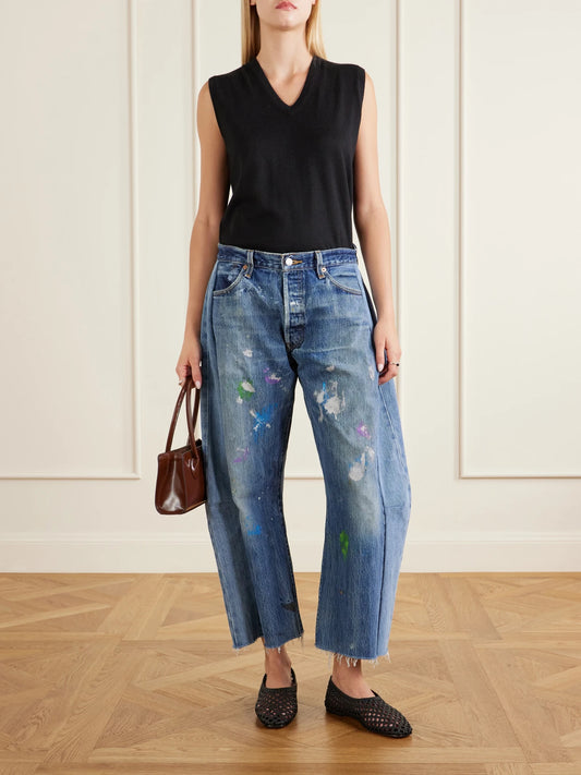 Image of Jeans. Product name - Vintage Lasso Distressed Frayed Paneled Paint-splatter Wide-leg Jeans in Mid denim colour by brand - B SIDES