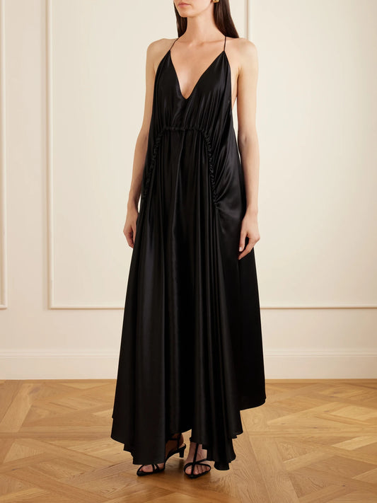 Image of Dresses. Product name - Draped Silk-satin Maxi Dress in Black colour by brand - Sharon Wauchob