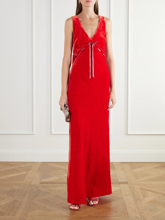 Image of Dresses. Product name - Camille Bow-detailed Velvet Gown in Red colour by brand - BERNADETTE