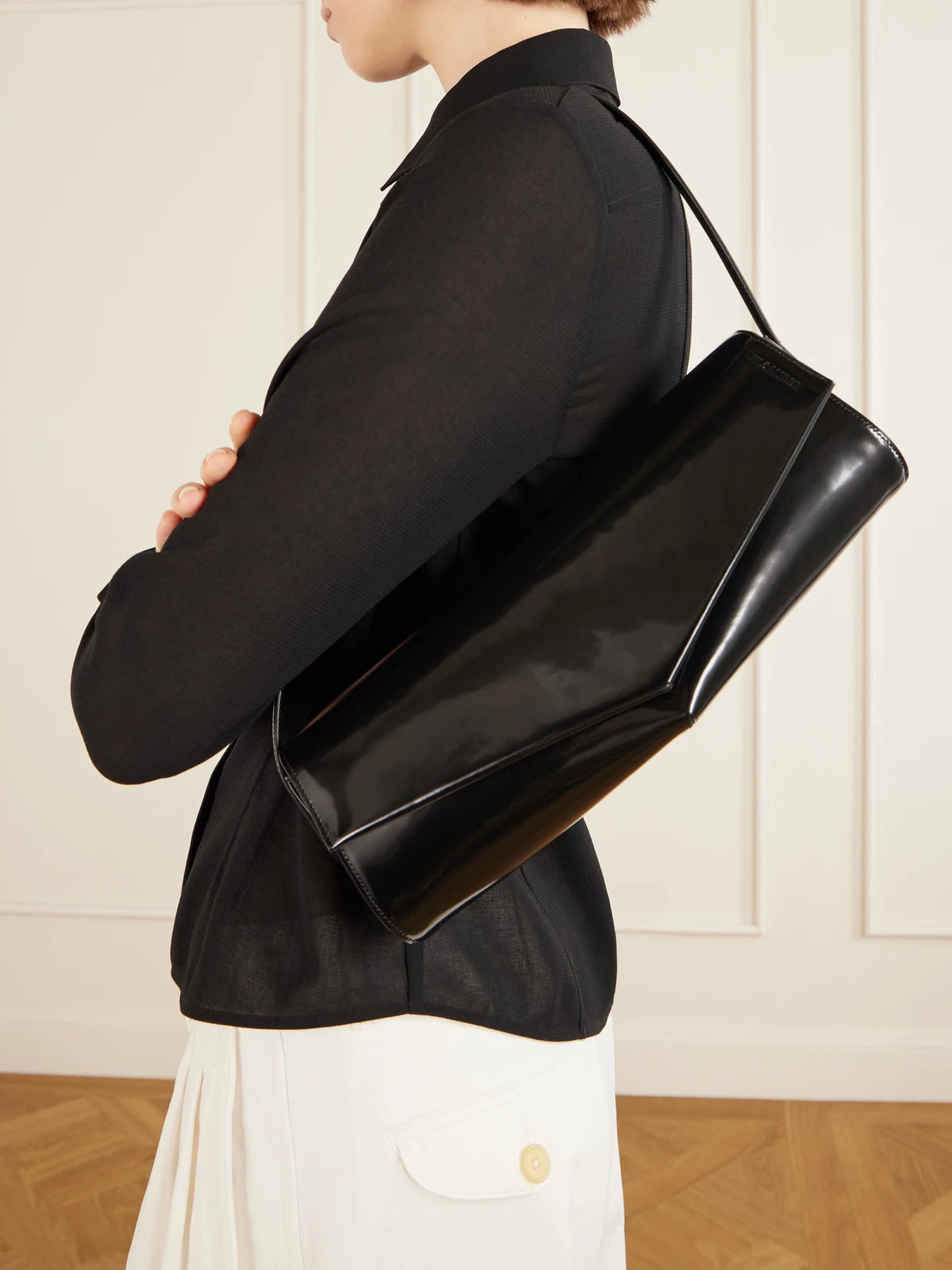Image of Bags. Product name - Kante Patent-leather Shoulder Bag in Black colour by brand - Jil Sander