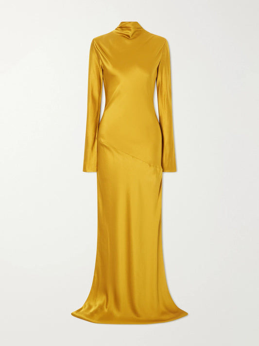 Image of Dresses. Product name - Gio Open-back Silk-cloqué Maxi Dress in Yellow colour by brand - TOVE