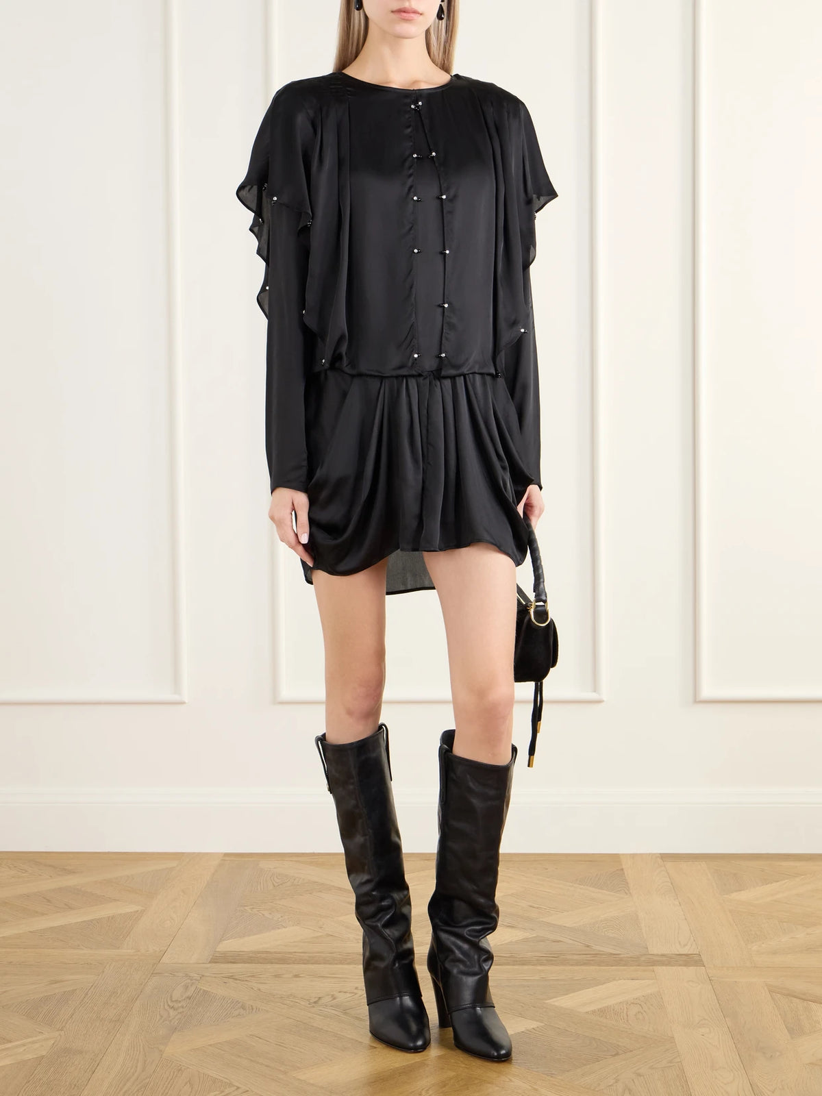 Image of Dresses. Product name - Blissa Embellished Gathered Satin Mini Dress in Black colour by brand - MARANT ÉTOILE