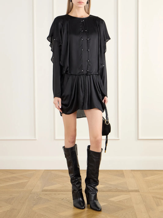 Image of Dresses. Product name - Blissa Embellished Gathered Satin Mini Dress in Black colour by brand - MARANT ÉTOILE