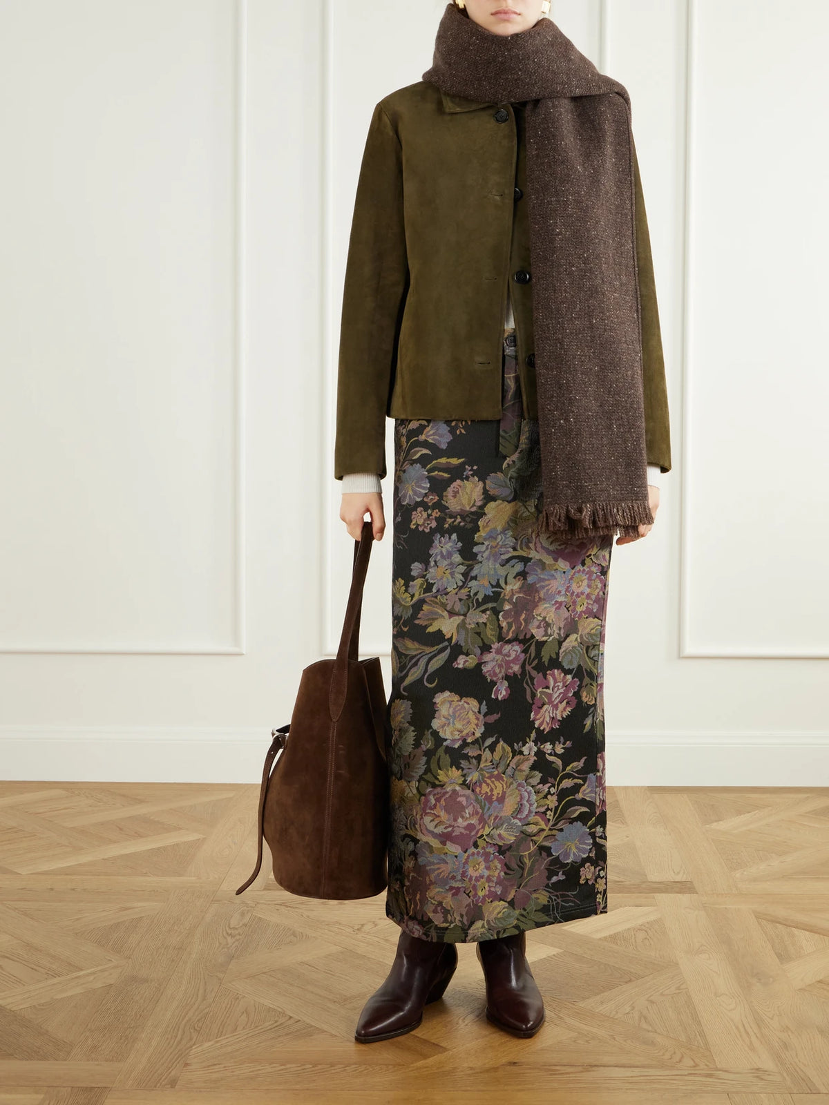Image of Scarves & Shawls. Product name - Fringed Wool-blend Scarf in Brown colour by brand - Ralph Lauren Collection