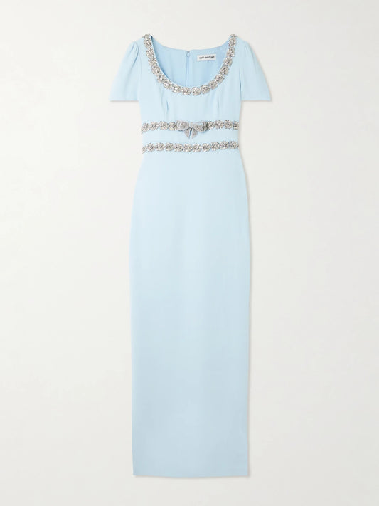 Image of Dresses. Product name - Bow-detailed Crystal-embellished Crepe Maxi Dress in Blue colour by brand - Self-Portrait