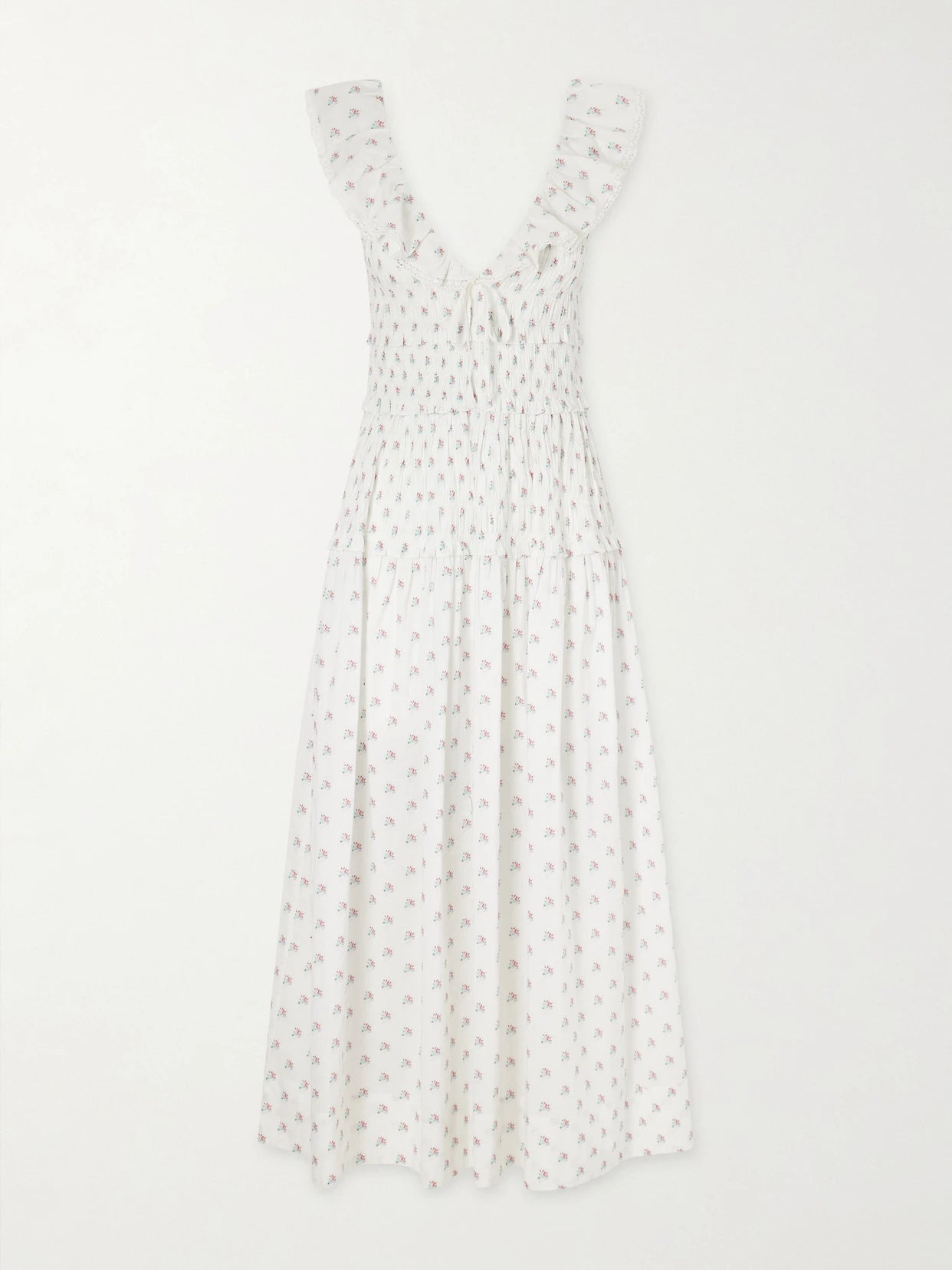 Image of Dresses. Product name - Sorina Tiered Embroidered Floral-print Organic Cotton Midi Dress in White colour by brand - DÔEN