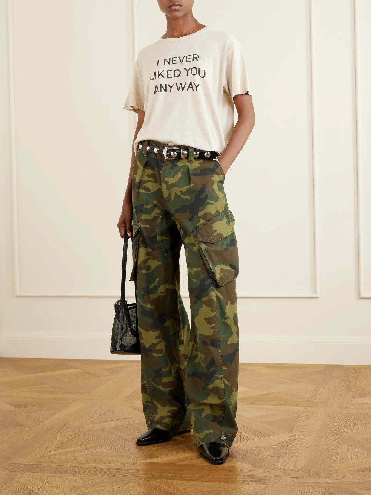 Image of Jeans. Product name - Printed Cotton-canvas Barrel-leg Cargo Pants in Dark green colour by brand - R13