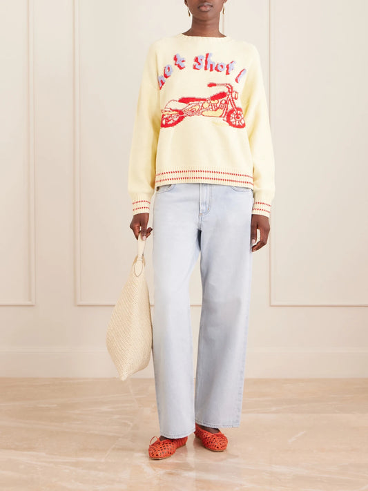 Image of a model wearing Outerwear. Product name - The Big Jumper Intarsia-knit Cotton Sweater in Yellow colour by brand - Mother