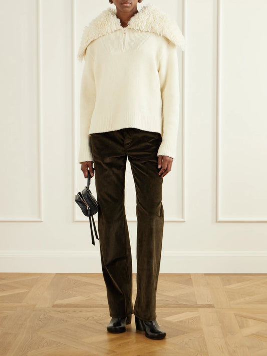 Image of a model wearing Pants. Product name - Cotton-corduroy Straight-leg Pants in Dark brown, Purple colour by brand - LOEWE