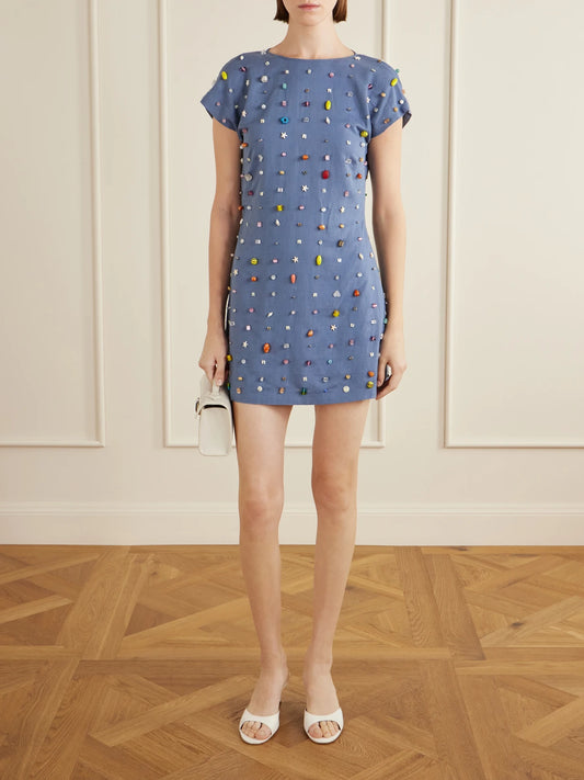 Image of Dresses. Product name - Anne Appliquéd Cotton And Linen-blend Mini Dress in Blue colour by brand - BERNADETTE