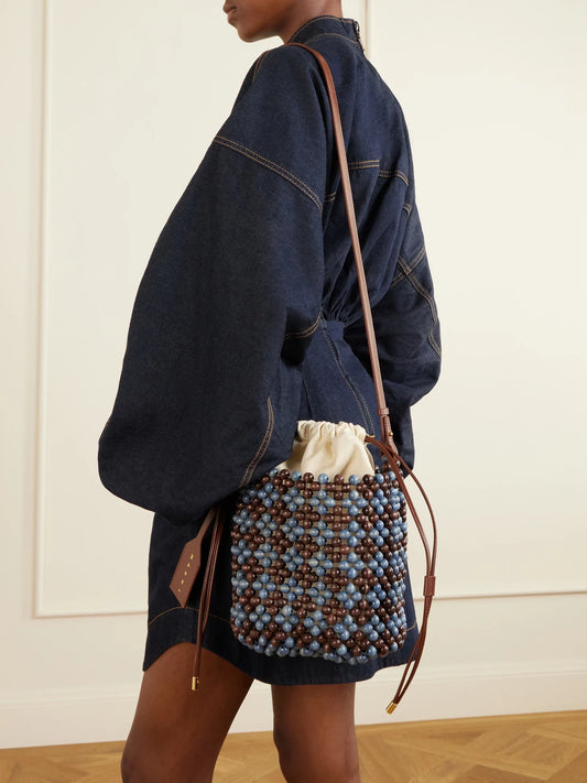 Image of Bags. Product name - Leather-trimmed Beaded Wood And Canvas Tote in Brown colour by brand - Marni