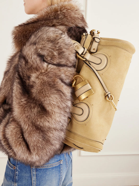 Image of Bags. Product name - Paddington Suede Shoulder Bag in Beige colour by brand - Chloé