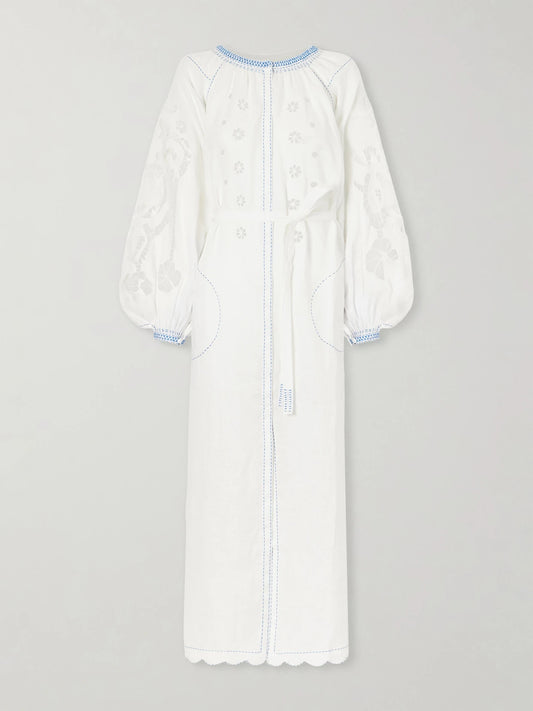 Image of Dresses. Product name - Babylon Broderie Anglaise-trimmed Linen Maxi Dress in White colour by brand - Vita Kin