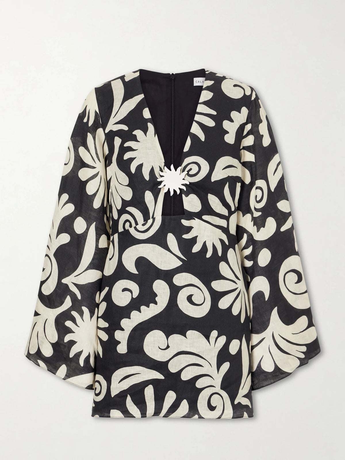 Cala de la Cruz Vera Embellished Cutout Printed Linen Mini Dress