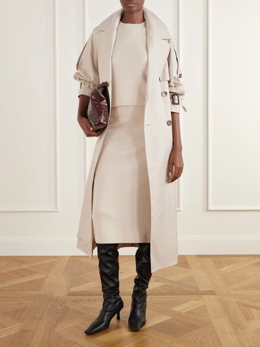 Image of a model wearing Skirts. Product name - Carbone Wool And Cashmere-blend Midi Skirt in Beige colour by brand - Max Mara