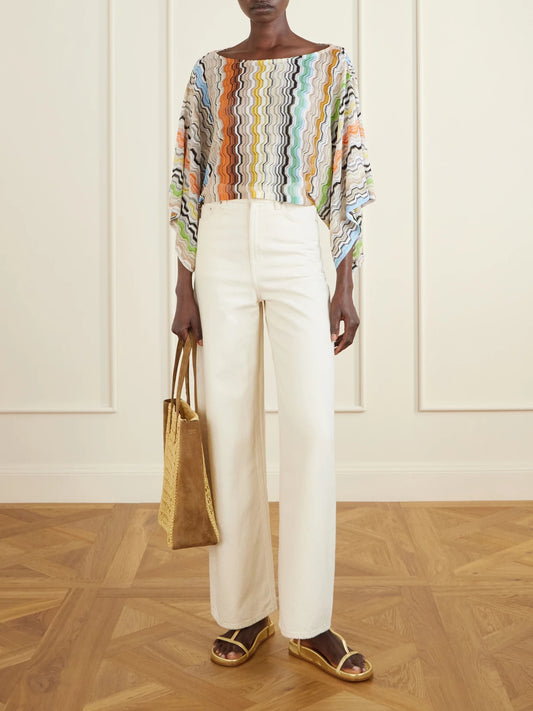 Image of a model wearing Tops. Product name - Striped Crochet-knit Top in Multi colour by brand - Missoni