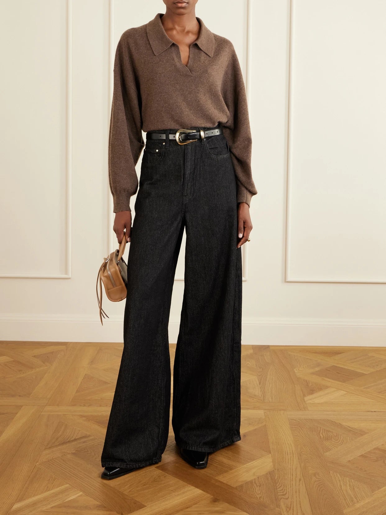 Image of Jeans. Product name - The Slick High-rise Wide-leg Jeans in Gray colour by brand - OSSOU