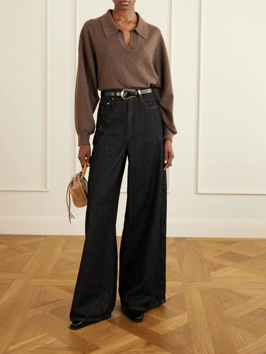 Image of Jeans. Product name - The Slick High-rise Wide-leg Jeans in Gray colour by brand - OSSOU