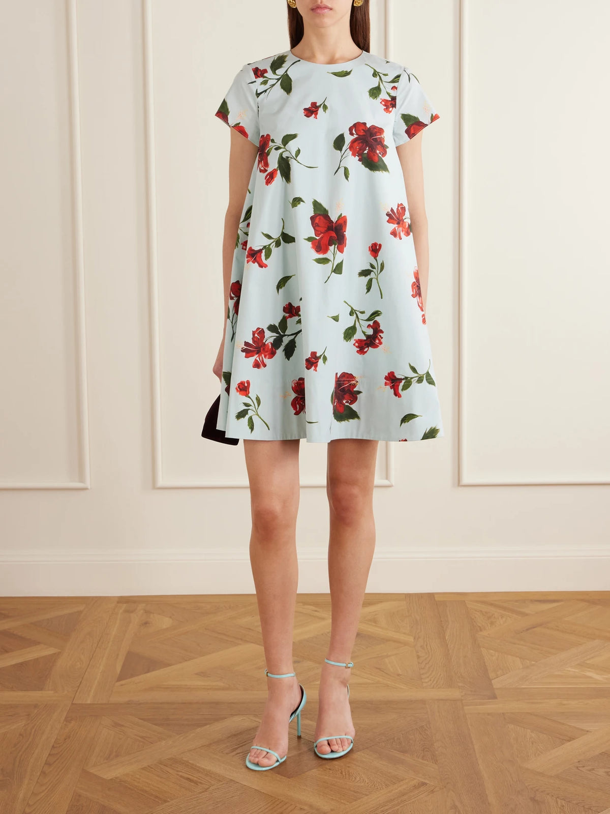 Image of Dresses. Product name - Floral-print Cotton-blend Poplin Mini Dress in Light blue colour by brand - Oscar de la Renta