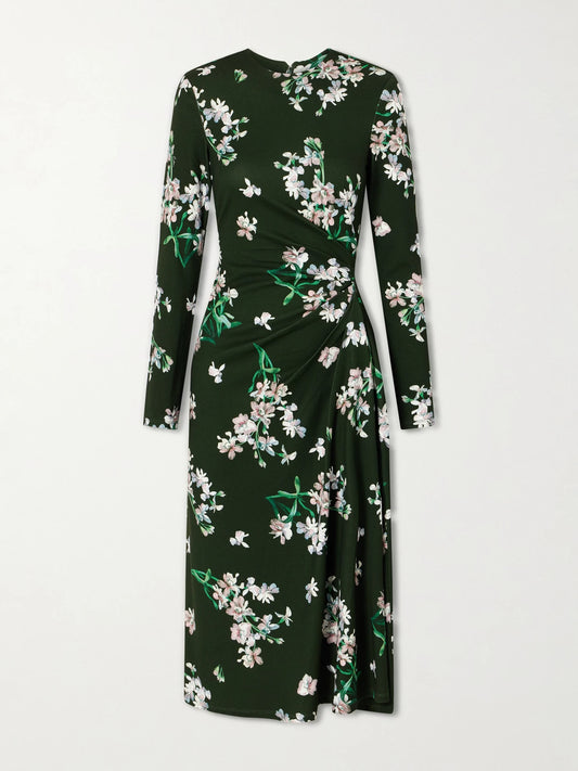 Gathered Floral-print Jersey Midi Dress