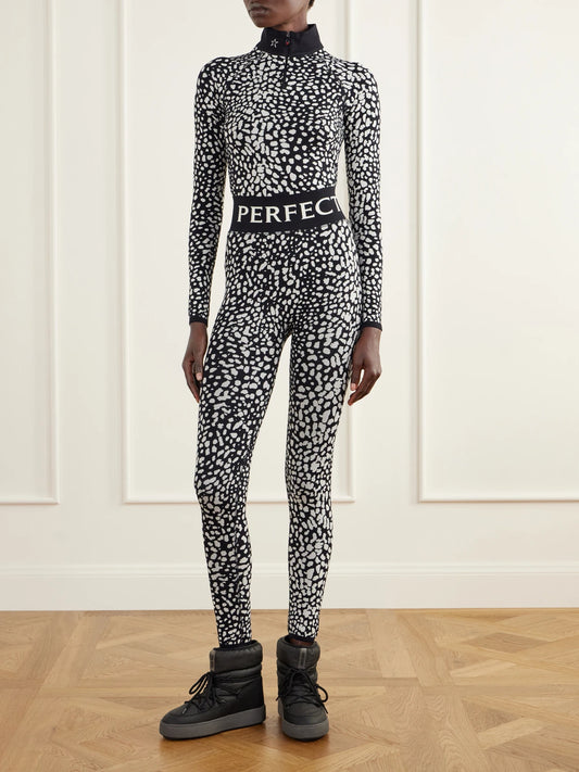 Image of a model wearing Pants. Product name - Leopard-jacquard Thermal Stretch-knit Ski Leggings in Black colour by brand - Perfect Moment