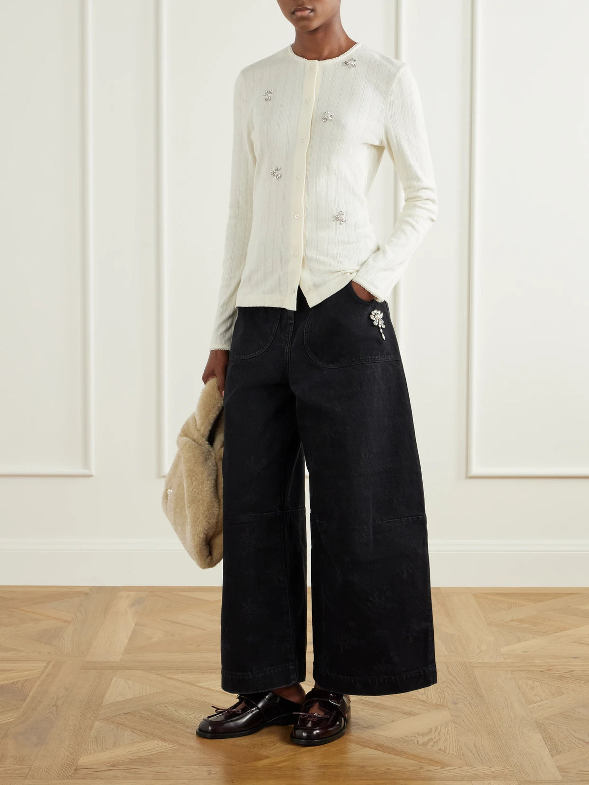Image of Jeans. Product name - Embellished Floral-print Mid-rise Wide-leg Jeans in Black colour by brand - Simone Rocha
