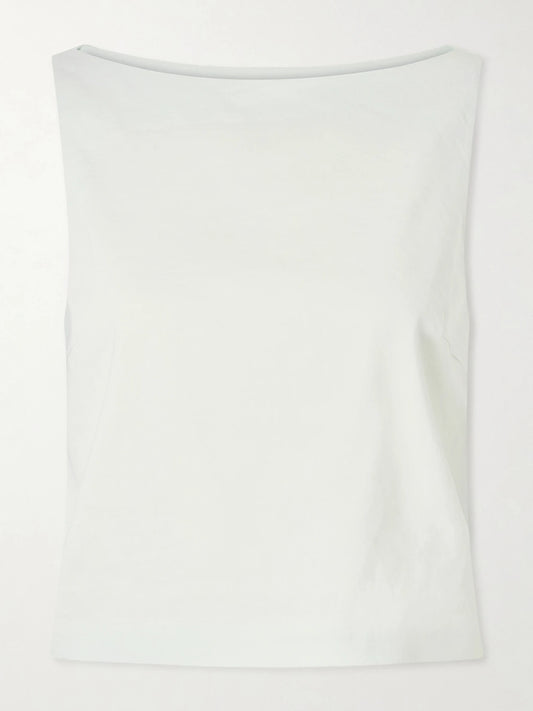 Image of a model wearing Tops. Product name - Linen-blend Top in Mint colour by brand - Theory