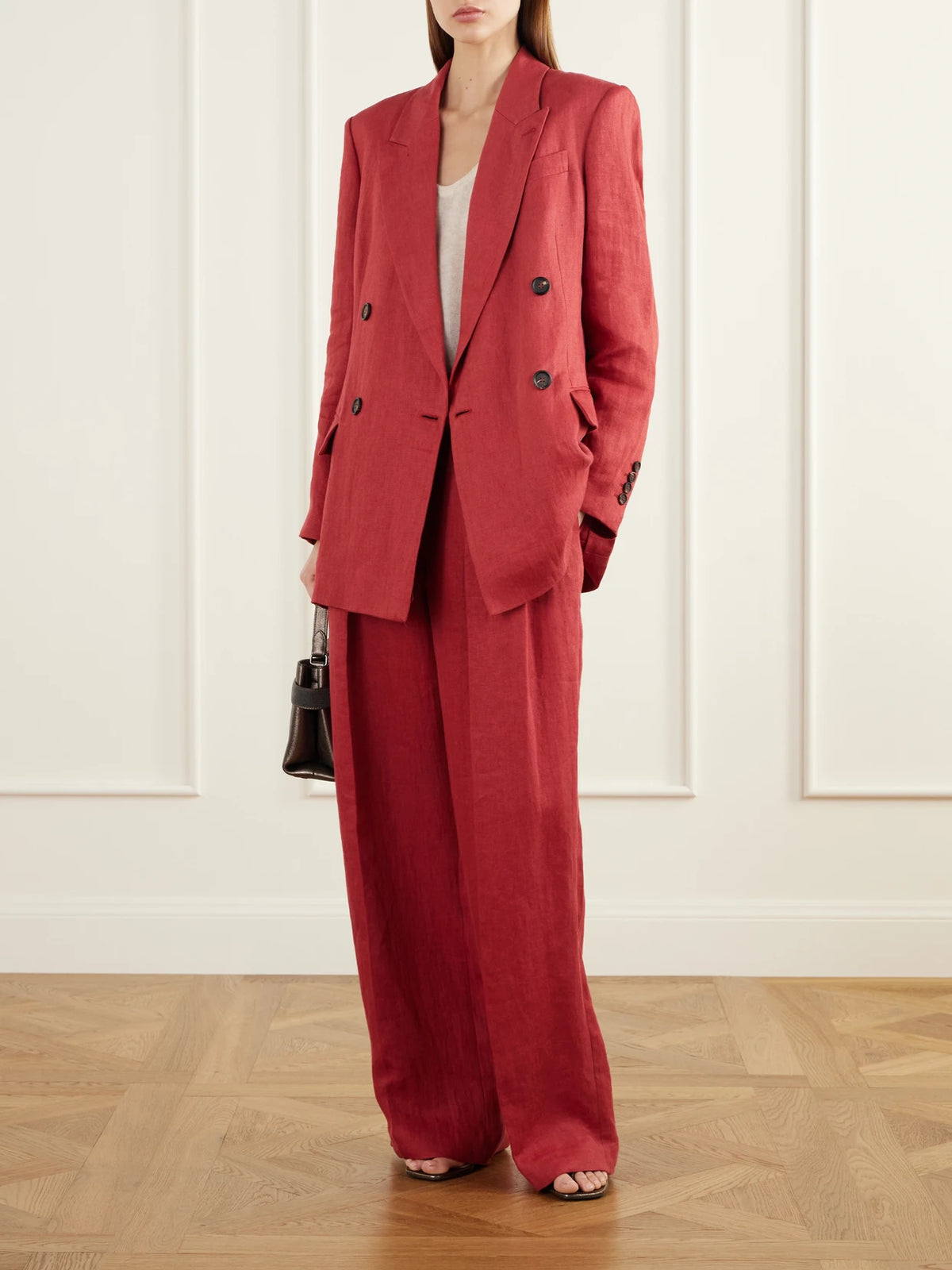 Image of Shoes. Product name - Double-breasted Linen-canvas Blazer in Red colour by brand - Brunello Cucinelli