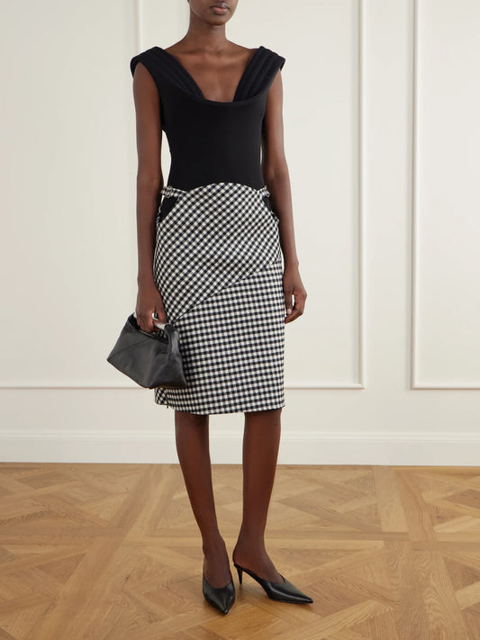 Image of a model wearing Skirts. Product name - Checked Wool-blend Midi Skirt in Multi colour by brand - Jean Paul Gaultier