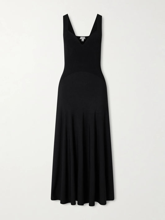 Image of Dresses. Product name - Ribbed-knit And Jersey Pleated Midi Dress in Black colour by brand - Alaïa
