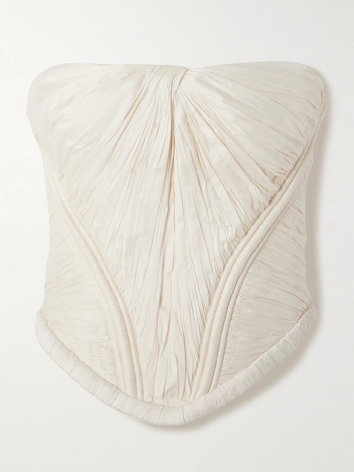 Image of a model wearing Tops. Product name - Priscilla Strapless Gathered Taffeta Bustier Top in Ivory colour by brand - Danielle Frankel