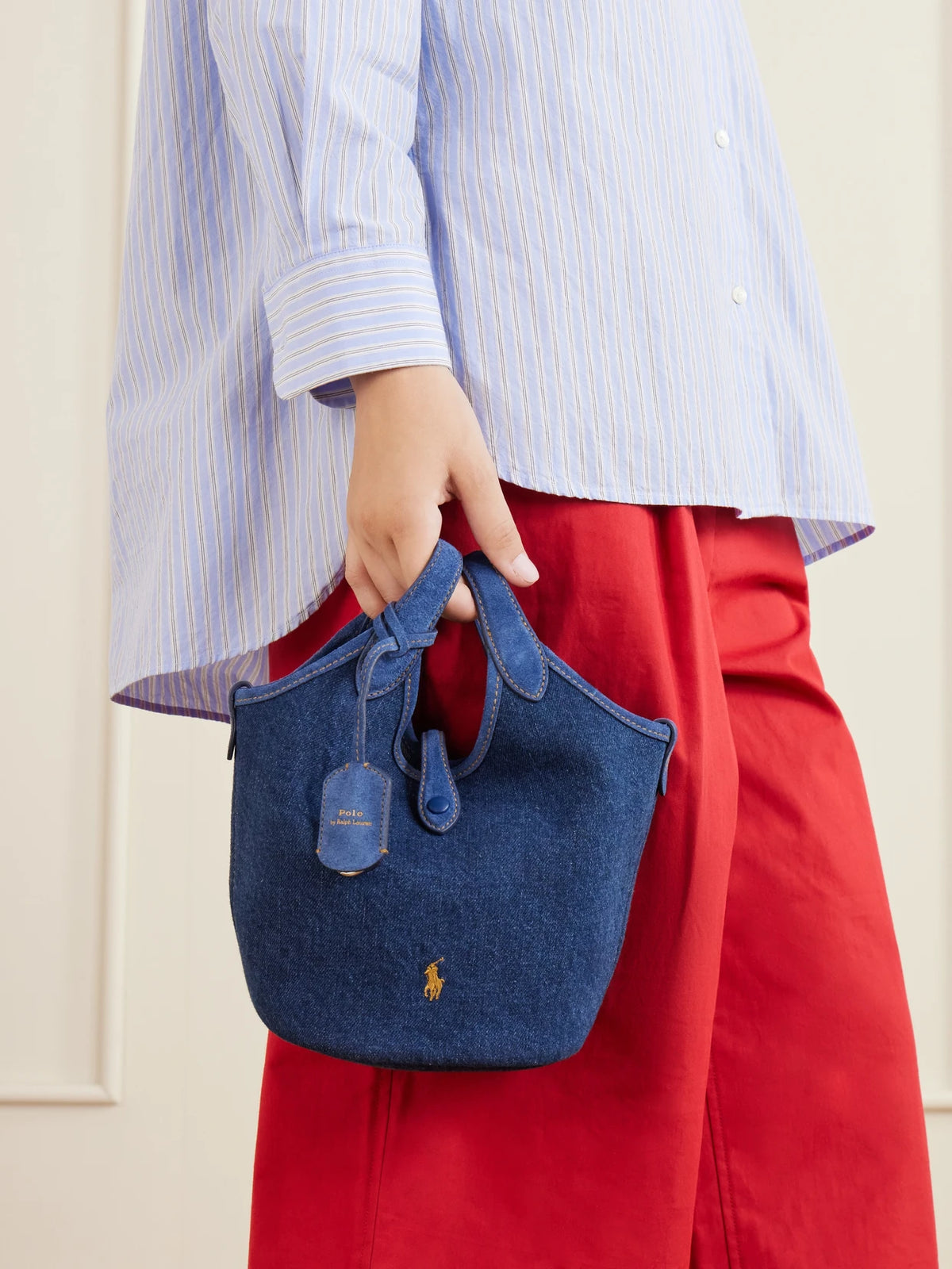 Image of Bags. Product name - Logo-embroidered Suede-trimmed Denim Tote in Blue colour by brand - Polo Ralph Lauren
