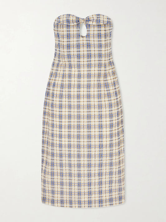 Image of Dresses. Product name - Bow-embellished Checked Seersucker Midi Dress in Beige colour by brand - BERNADETTE