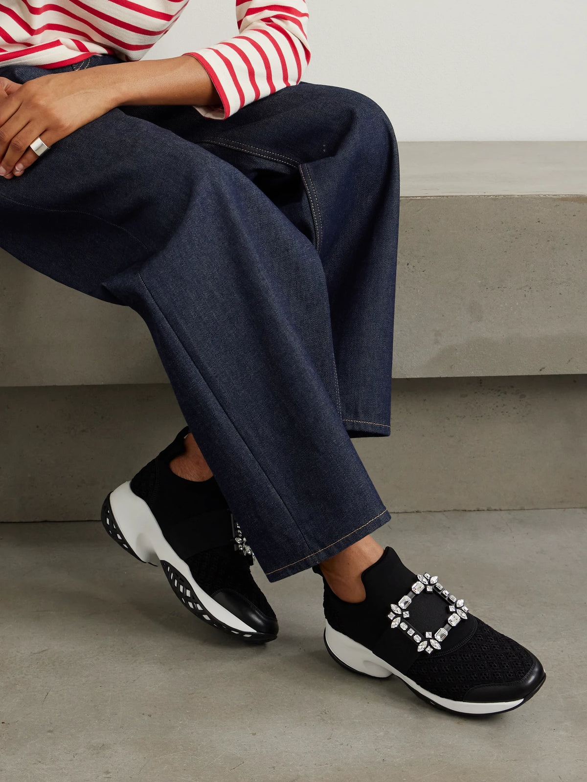 Viv Run Crystal-embellished Stretch, Mesh And Leather Sneakers