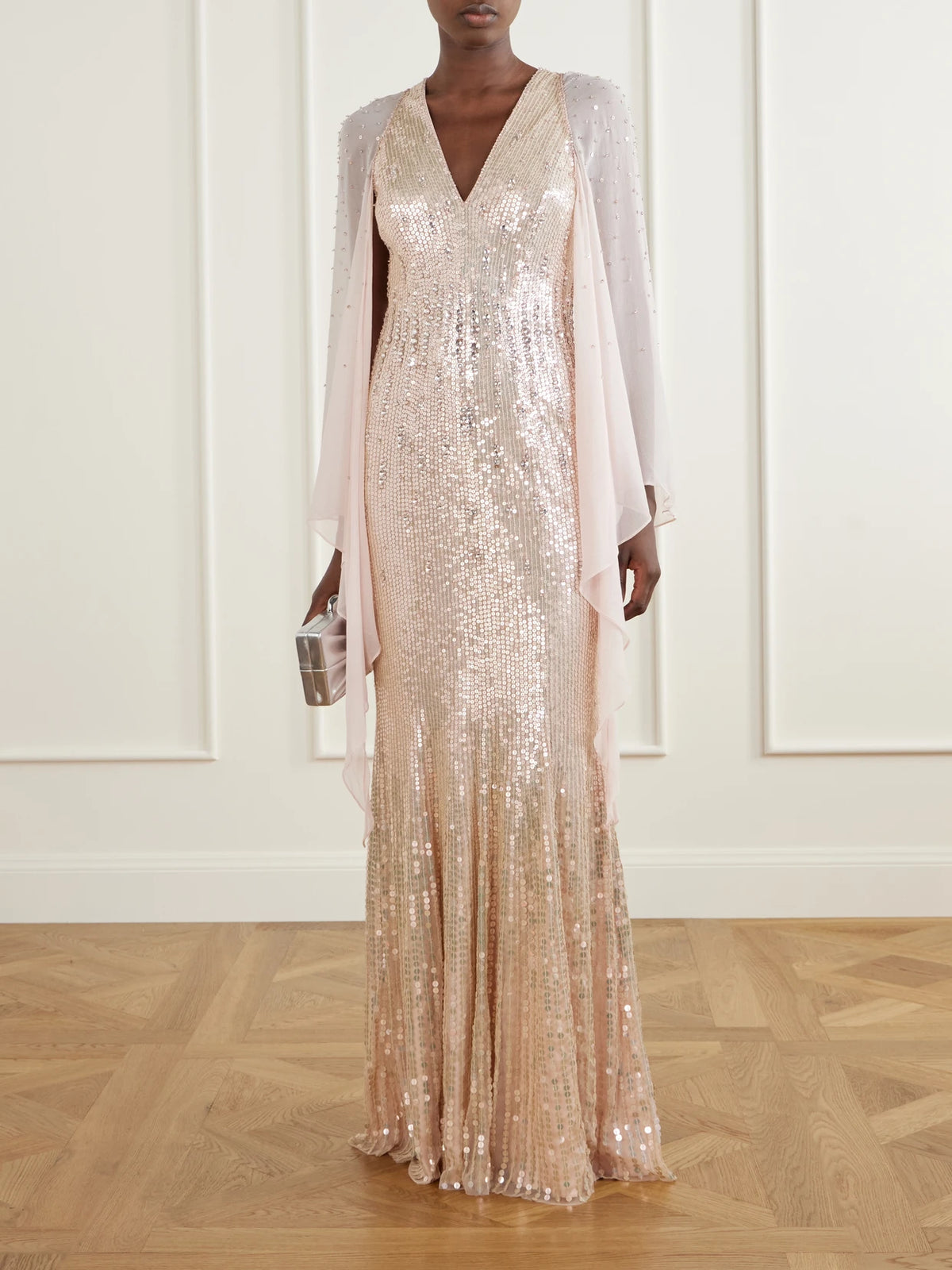 Image of Dresses. Product name - Lyrical Sequin-embellished Chiffon Gown in Pink colour by brand - Jenny Packham
