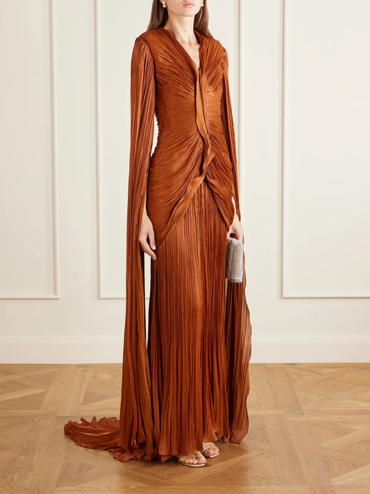 Image of Dresses. Product name - Pleated Ruched Satin Gown in Brown colour by brand - Marmar Halim