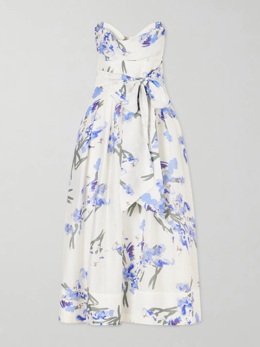 Image of Dresses. Product name - Bluebell Belted Draped Floral-print Organza Midi Dress in White colour by brand - Rebecca Vallance