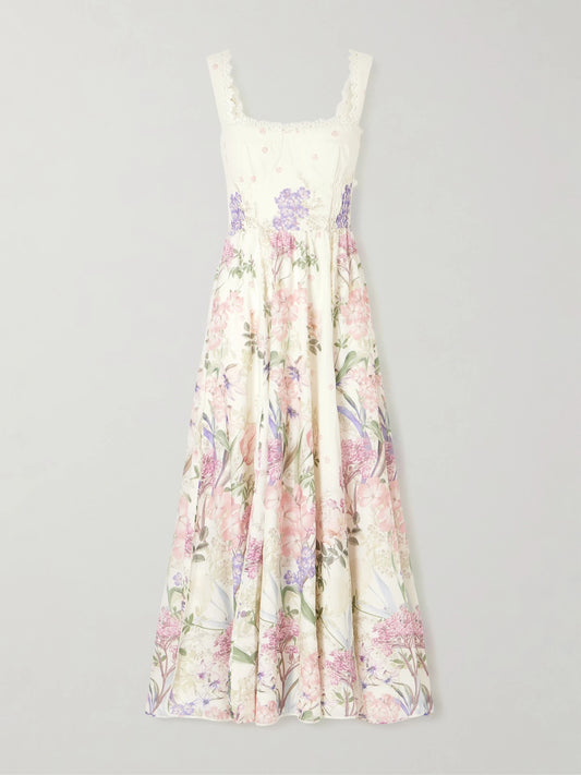 Image of Dresses. Product name - Crissy Floral Printed Cotton-blend Maxi Dress in Cream colour by brand - Charo Ruiz