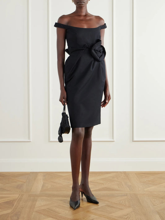 Image of Dresses. Product name - Floral-appliquéd Off-the-shoulder Cotton Midi Dress in Black colour by brand - Magda Butrym