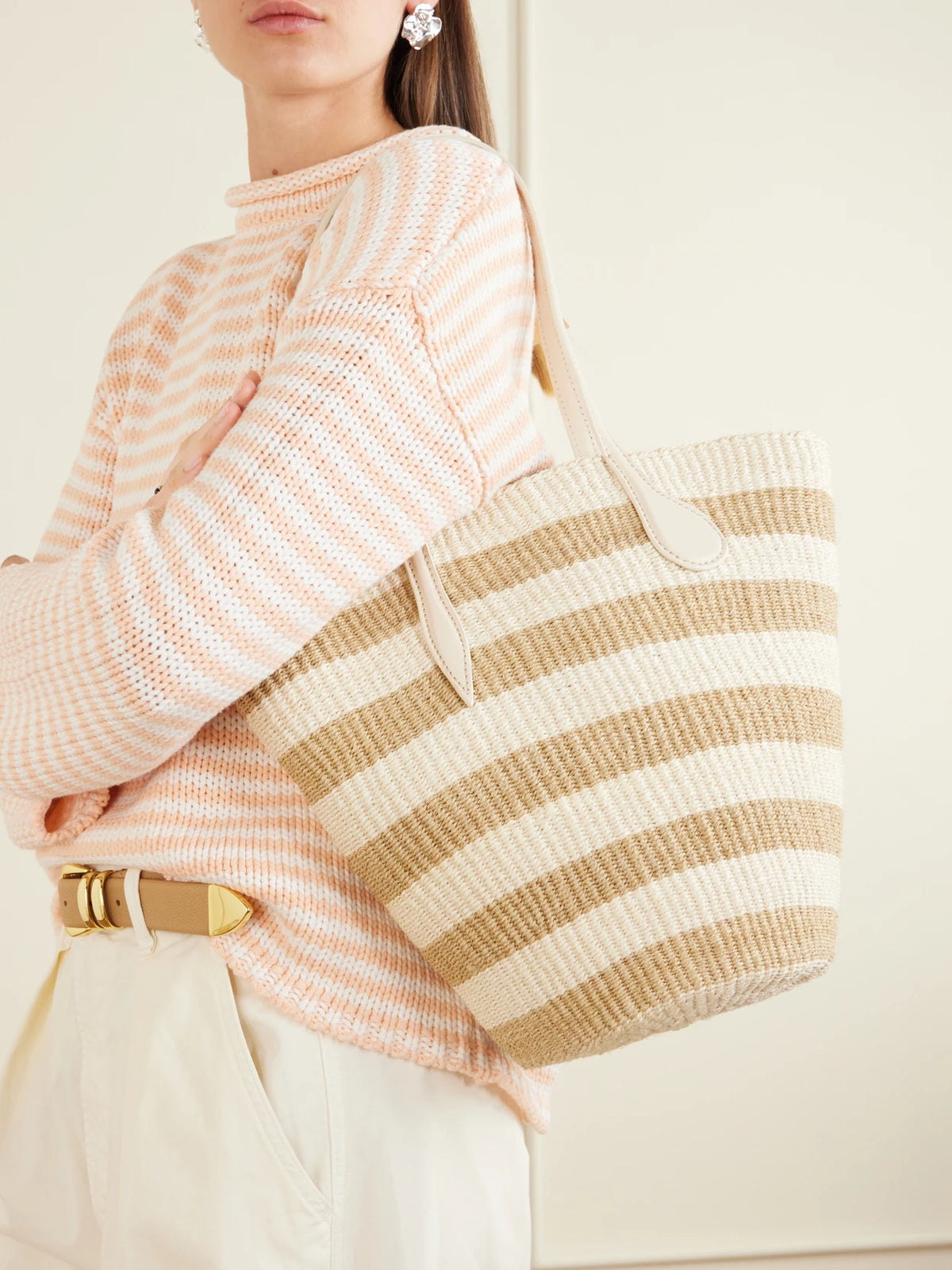 Image of Bags. Product name - Striped Leather-trimmed Raffia Tote Bag in Beige colour by brand - Liffner