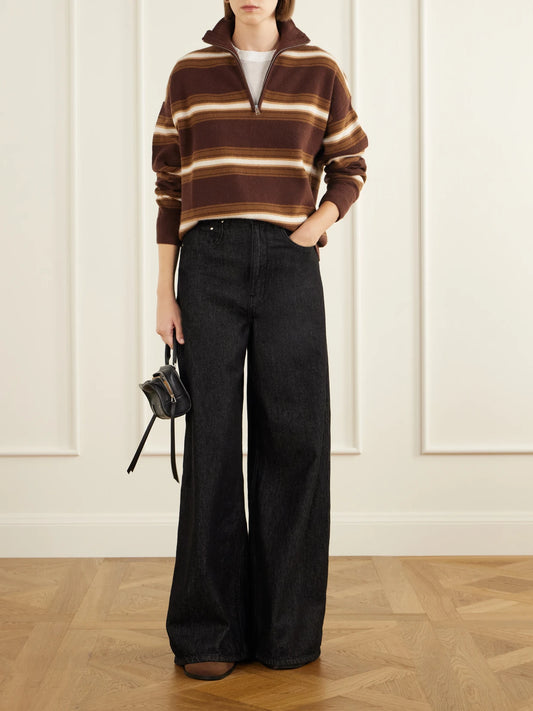 Image of a model wearing Outerwear. Product name - Hudson Striped Cashmere Turtleneck Sweater in Brown colour by brand - STAUD