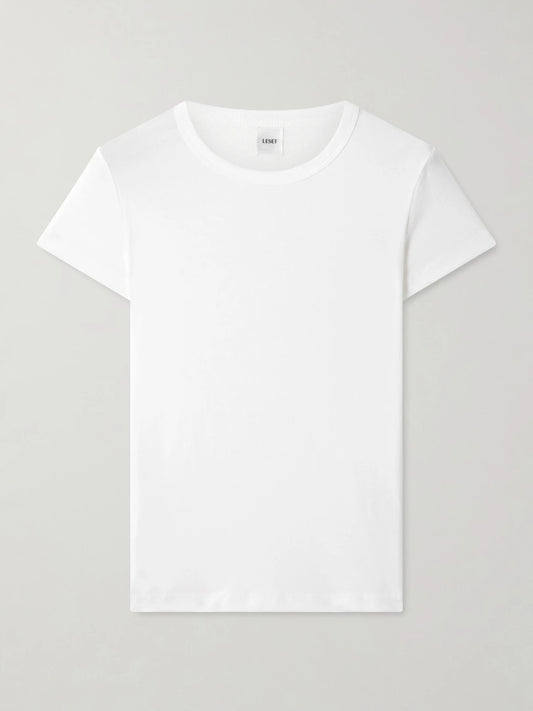 Image of a model wearing Tops. Product name - Nando Ribbed Cotton-jersey T-shirt in White colour by brand - LESET