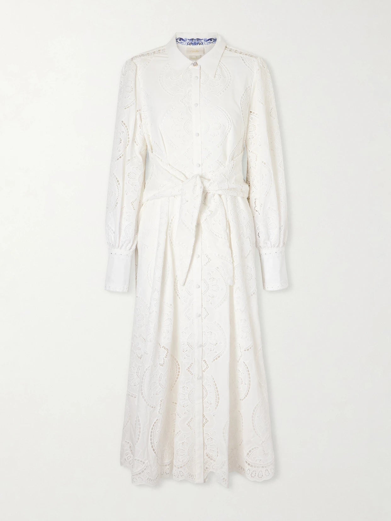 Image of Dresses. Product name - Tie-detailed Broderie Anglaise Cotton Midi Shirt Dress in White colour by brand - Camilla