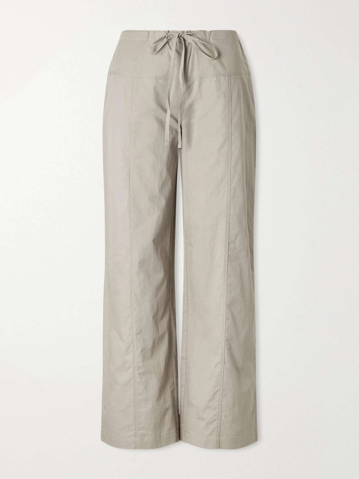 Image of a model wearing Pants. Product name - Seam Organic Cotton Straight-leg Drawstring Pants in Gray colour by brand - Deiji Studios