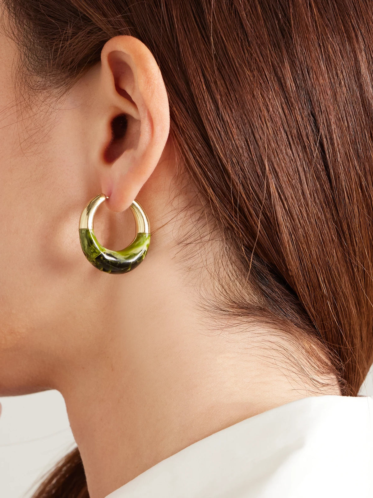 Image of Earrings. Product name - Small Gold-tone And Resin Hoop Earrings in Green colour by brand - Dinosaur Designs